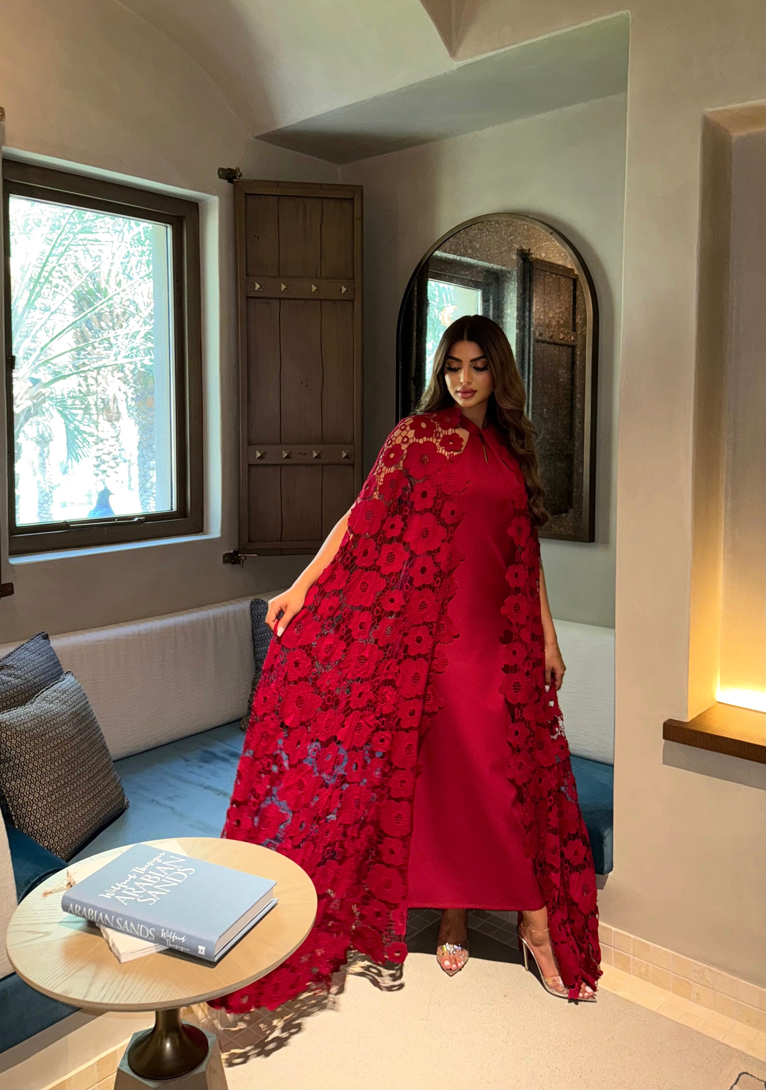 HOT RED FLORAL CAPE AND INNER DRESS #423