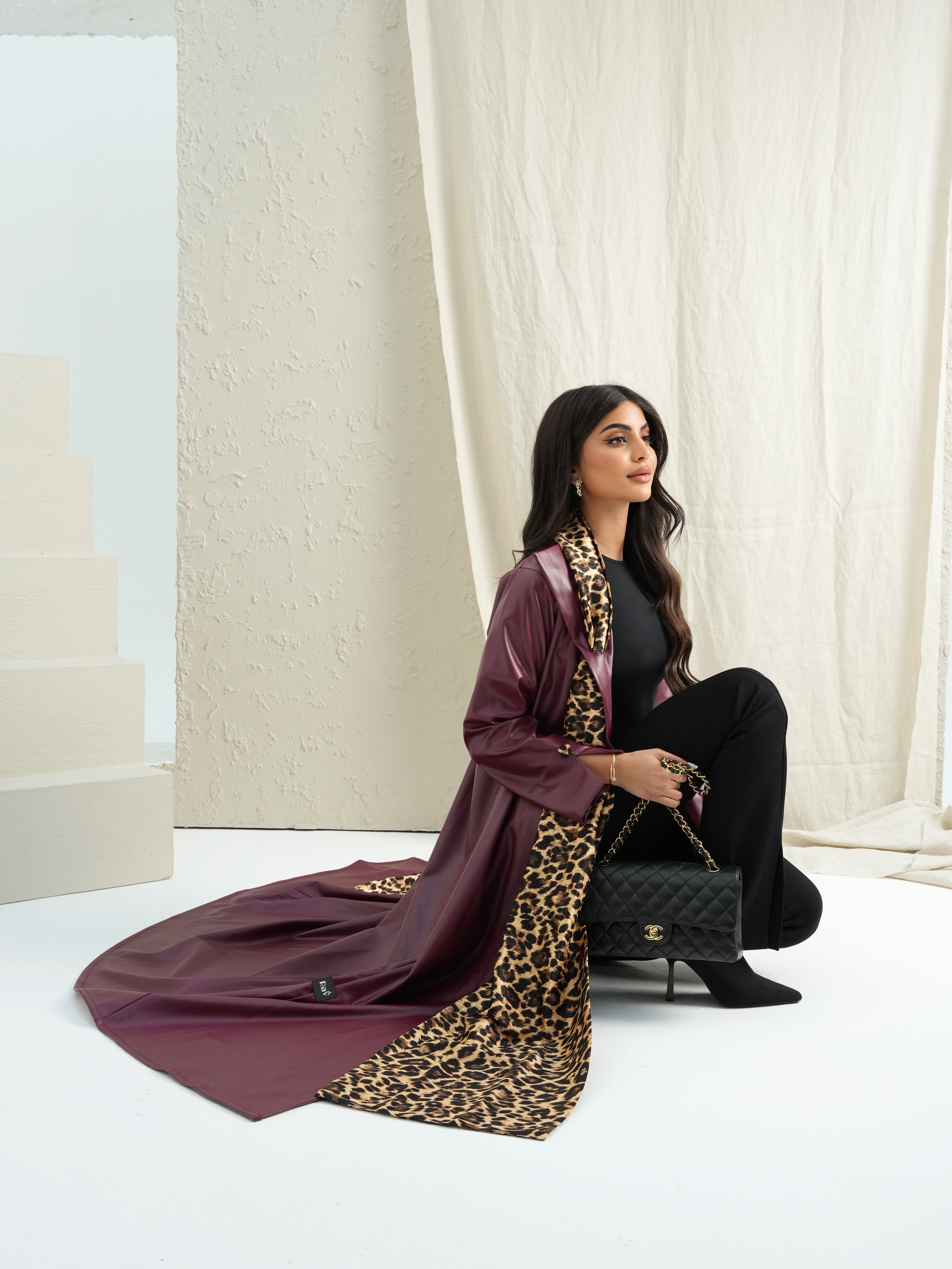 TRENDY BURGUNDY LEATHER ABAYA #525