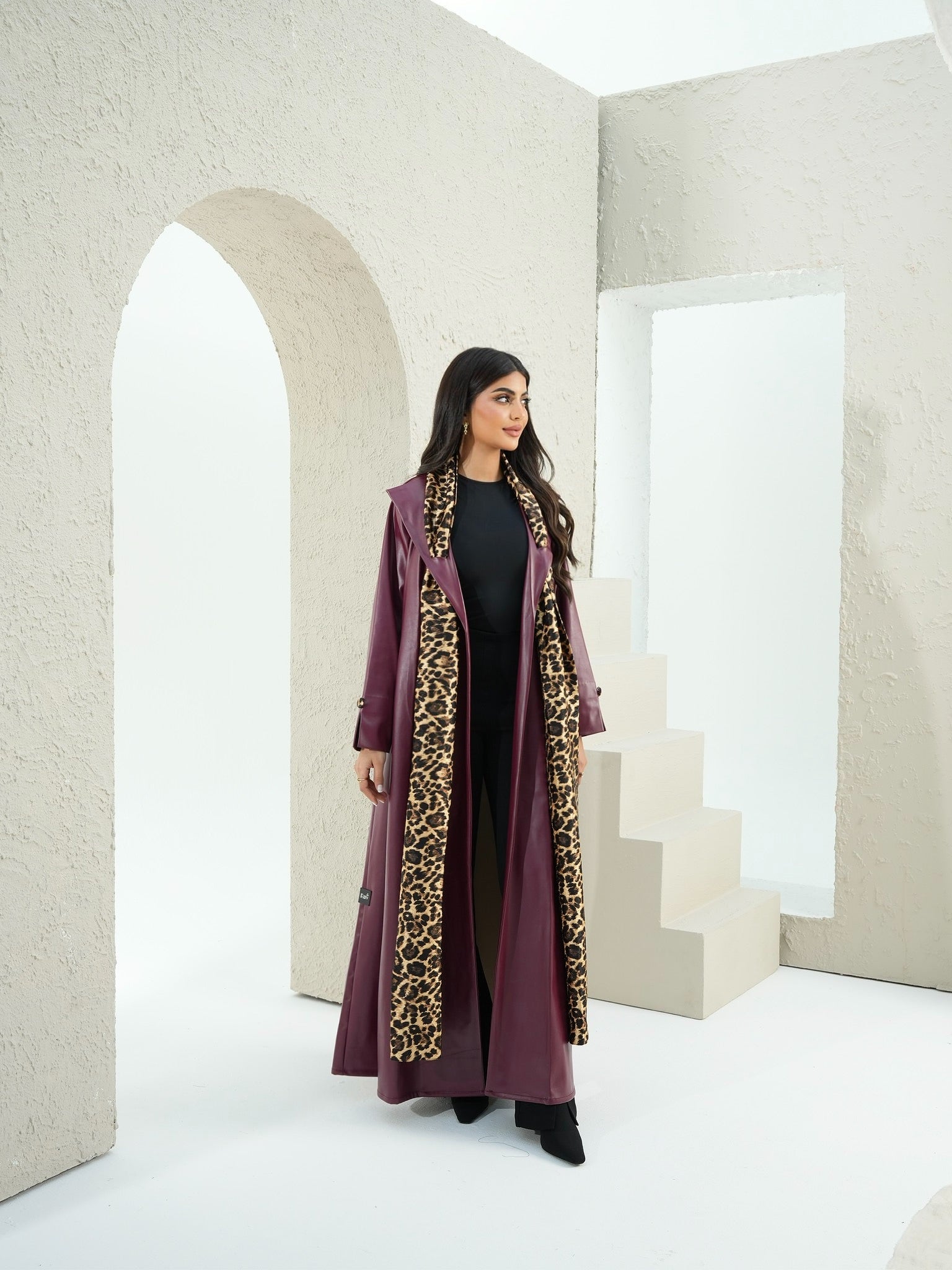 TRENDY BURGUNDY LEATHER ABAYA #525