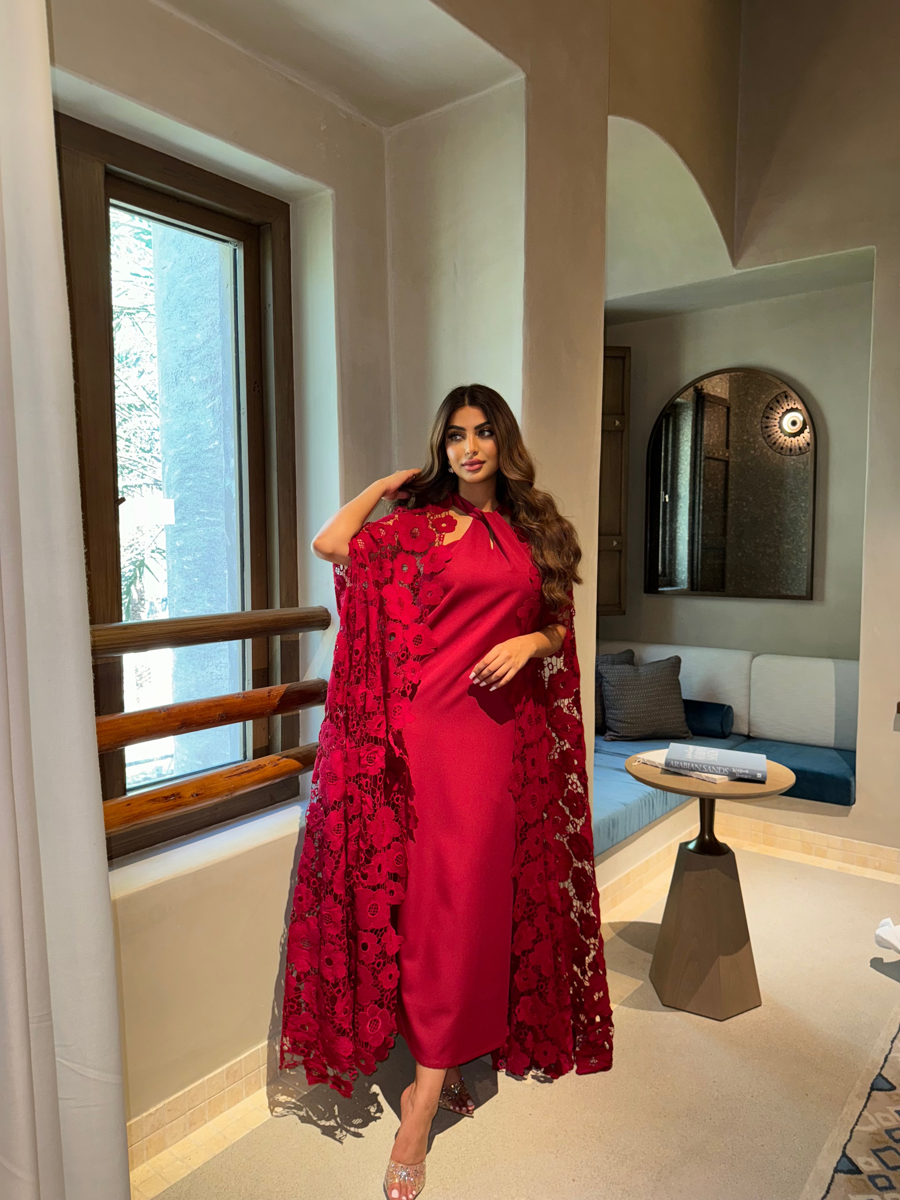HOT RED FLORAL CAPE AND INNER DRESS #423