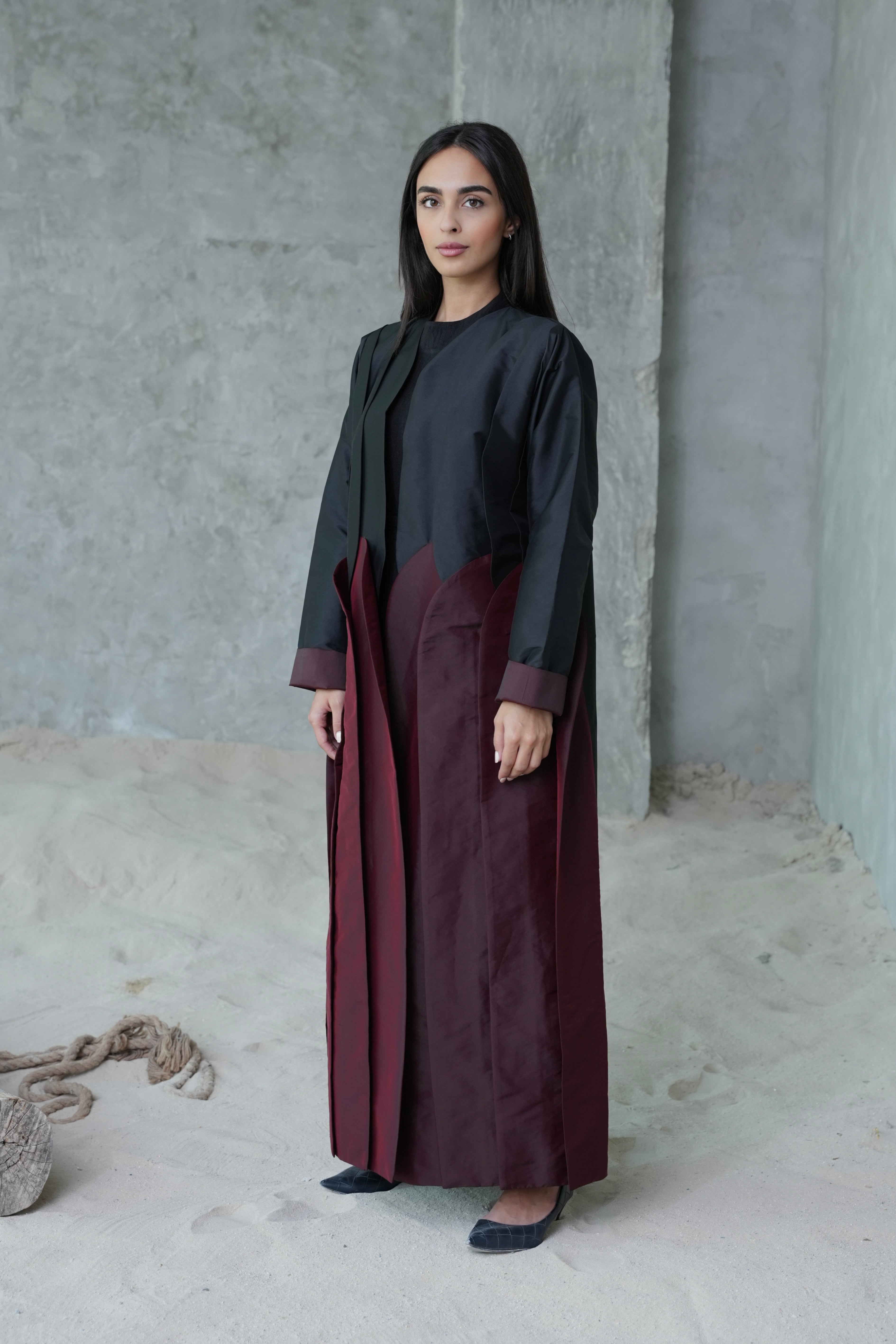 FANCY BLACK AND MAROON ABAYA #373