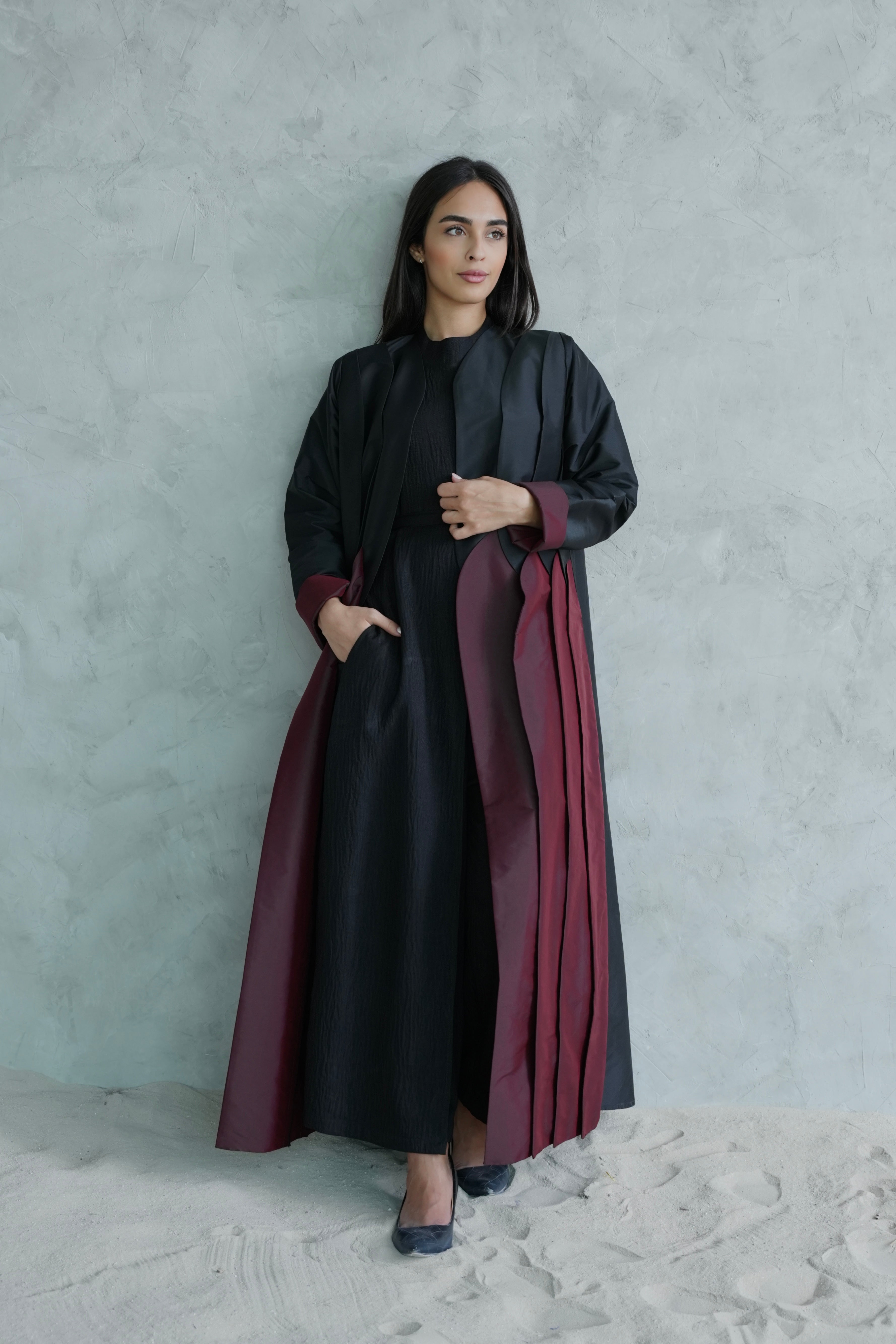 FANCY BLACK AND MAROON ABAYA #373