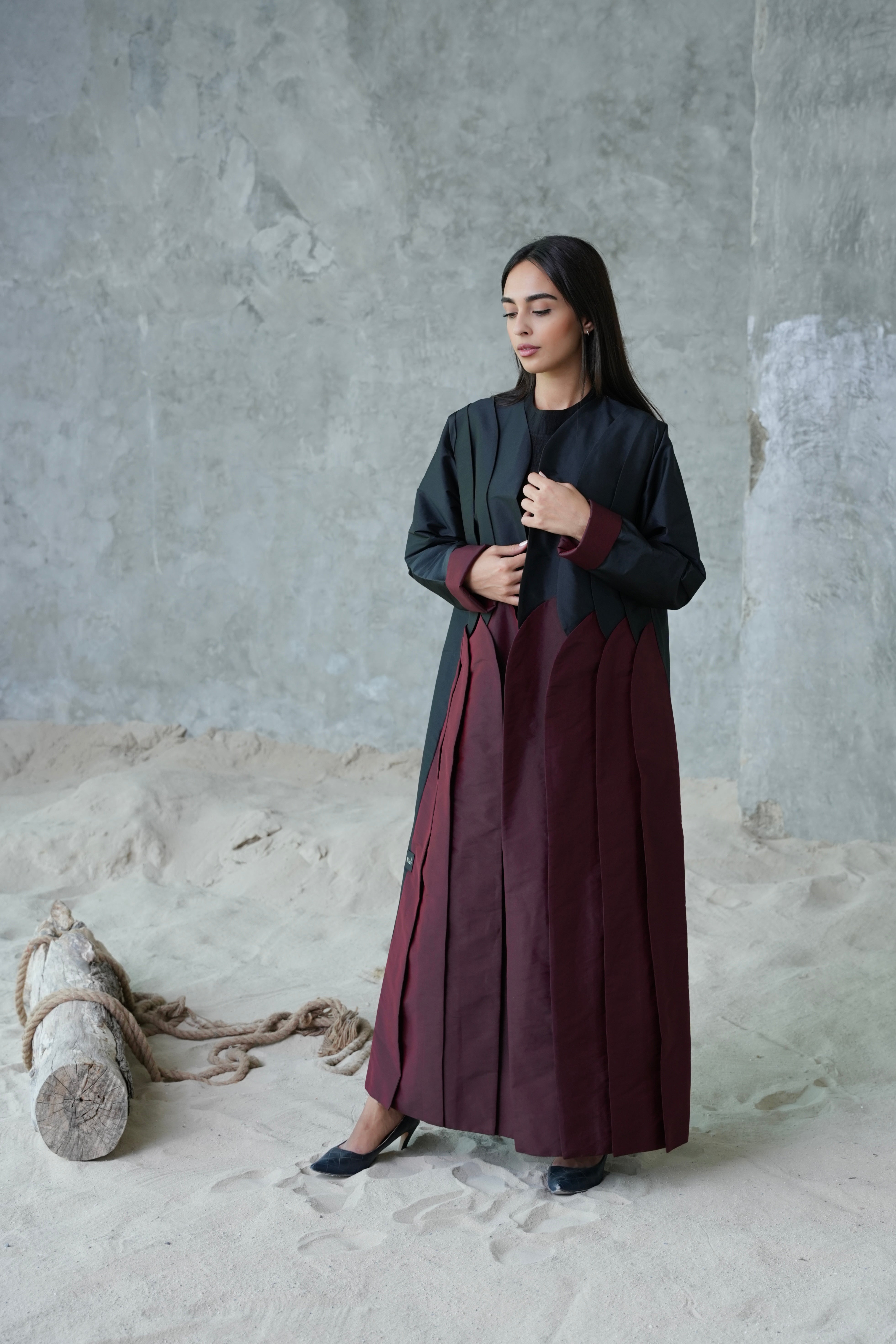 FANCY BLACK AND MAROON ABAYA #373